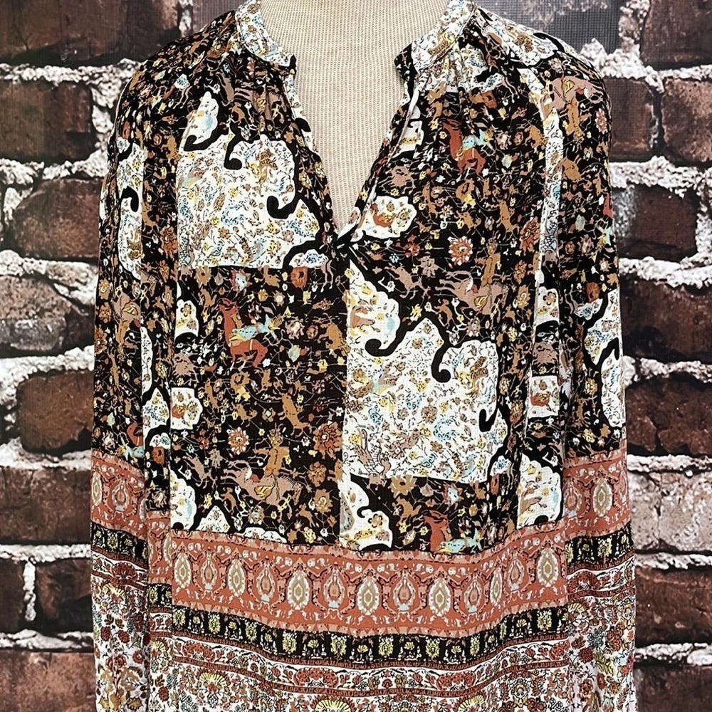 Christian Siriano Top Blouse Black Brown Boho Peasant Size Small